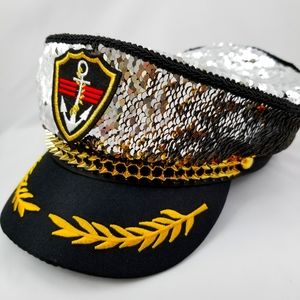 Captain Hat Adjustable, Mermaid Fabric Silver/ Light Gold